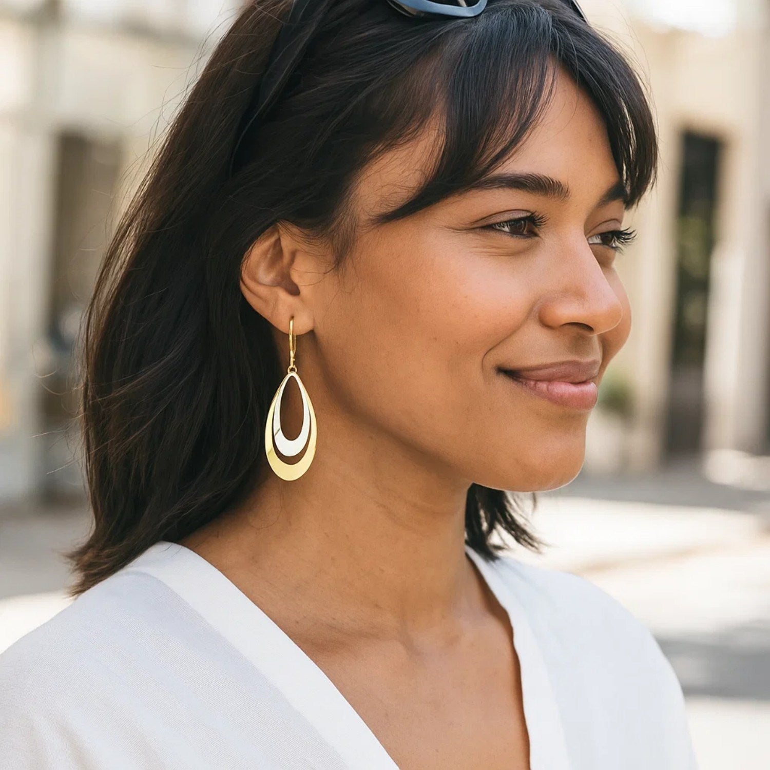 14k Two-Tone Gold Graduated Open Double Teardrop Earrings for Women | Yene store 