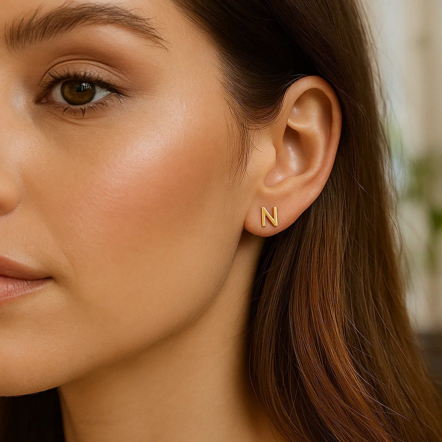 14K Yellow Gold Yours Truly Initial N Stud Earrings for Women | Yene Store