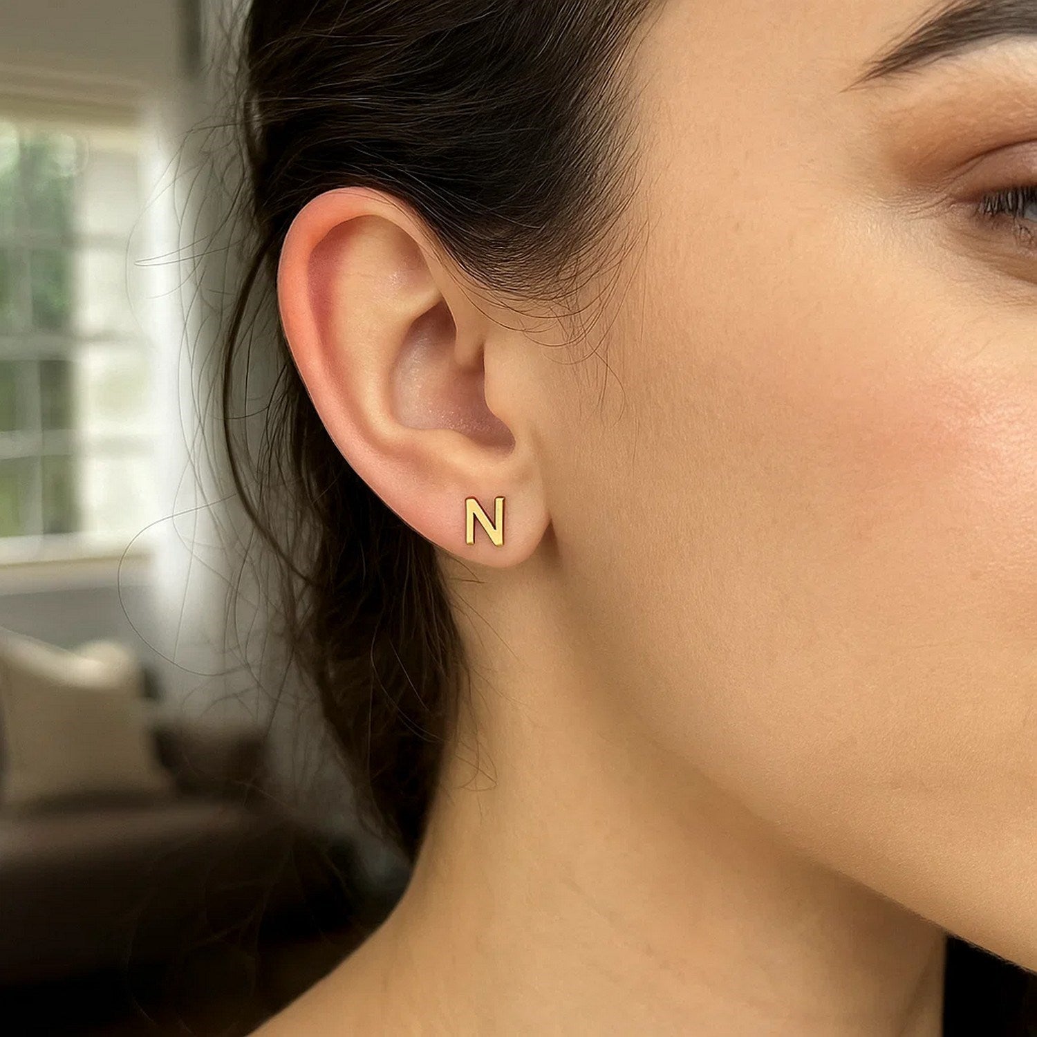 14K Yellow Gold Yours Truly Initial N Stud Earrings for Women | Yene Store