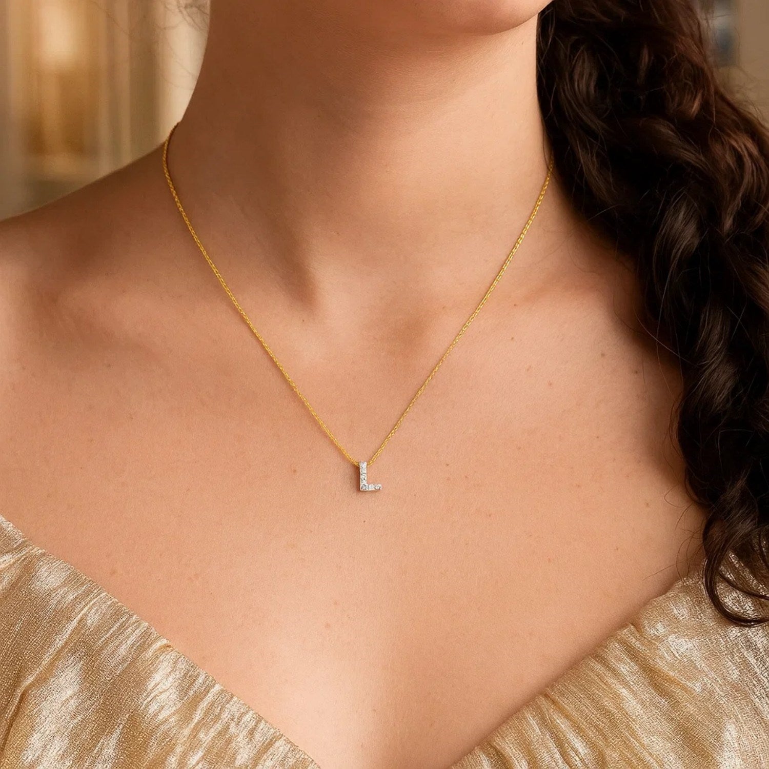 14K Yellow Gold Mini Diamond L Initial Pendant Necklace for Women | Yene Store 