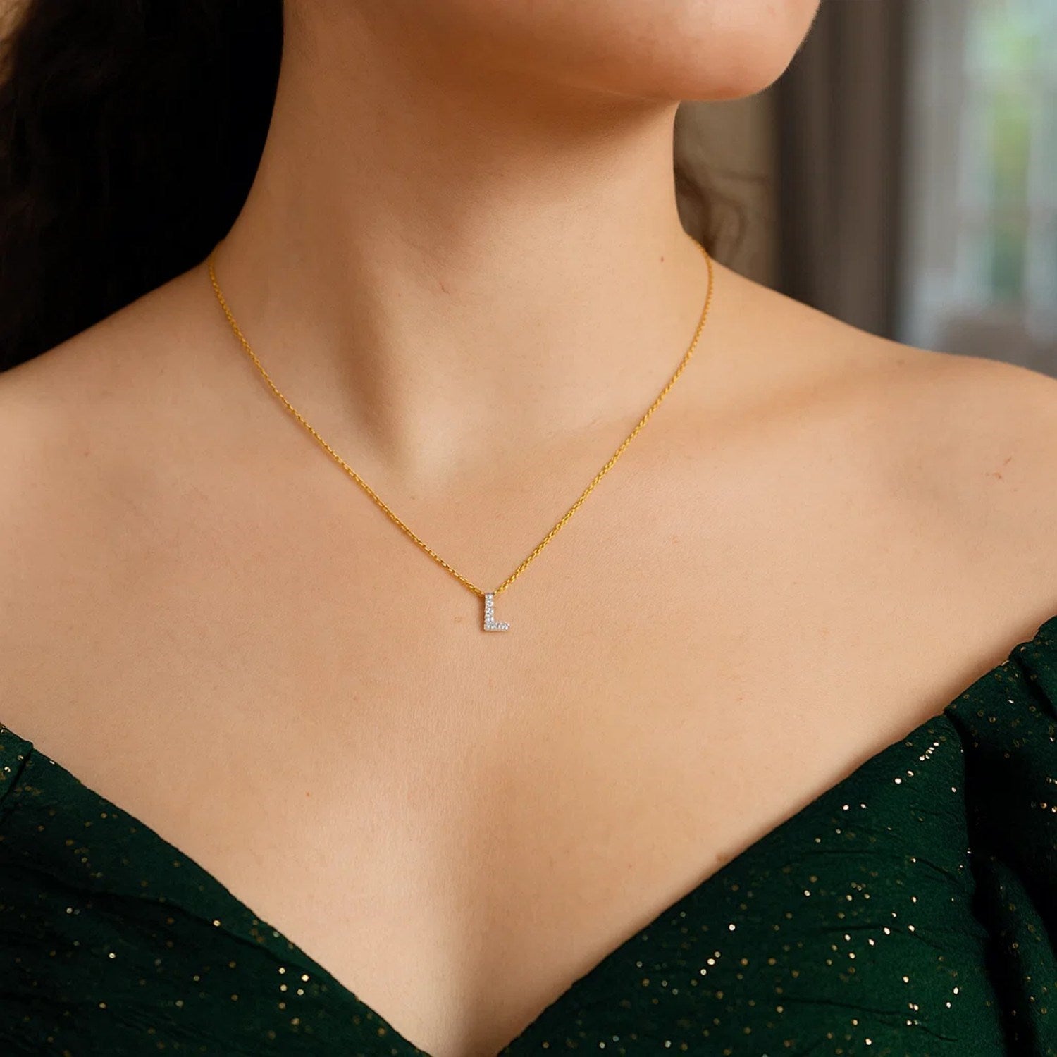 14K Yellow Gold Mini Diamond L Initial Pendant Necklace for Women | Yene Store 