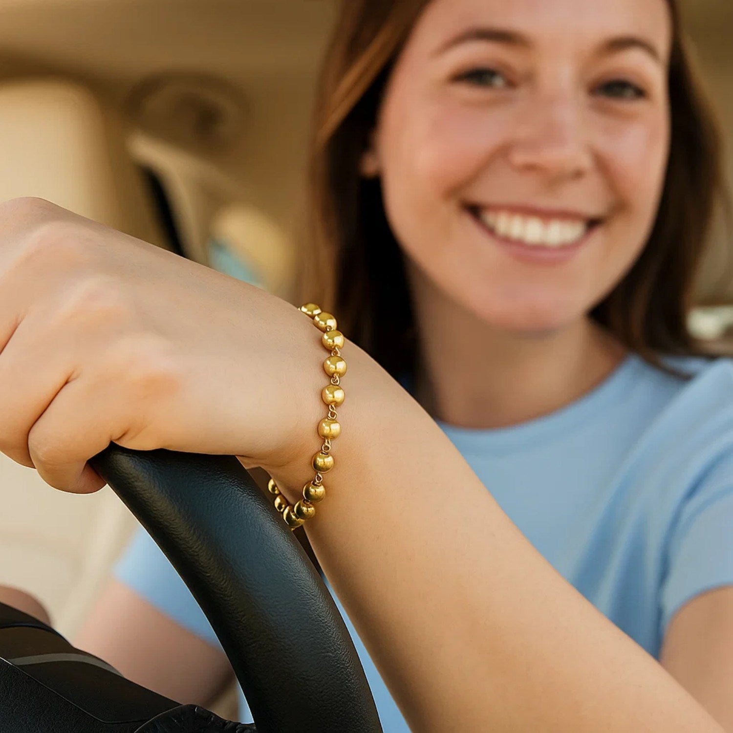 14K Yellow Gold Polished Pebble Bead Bracelet (6.00 mm) for Women | Yene Store 