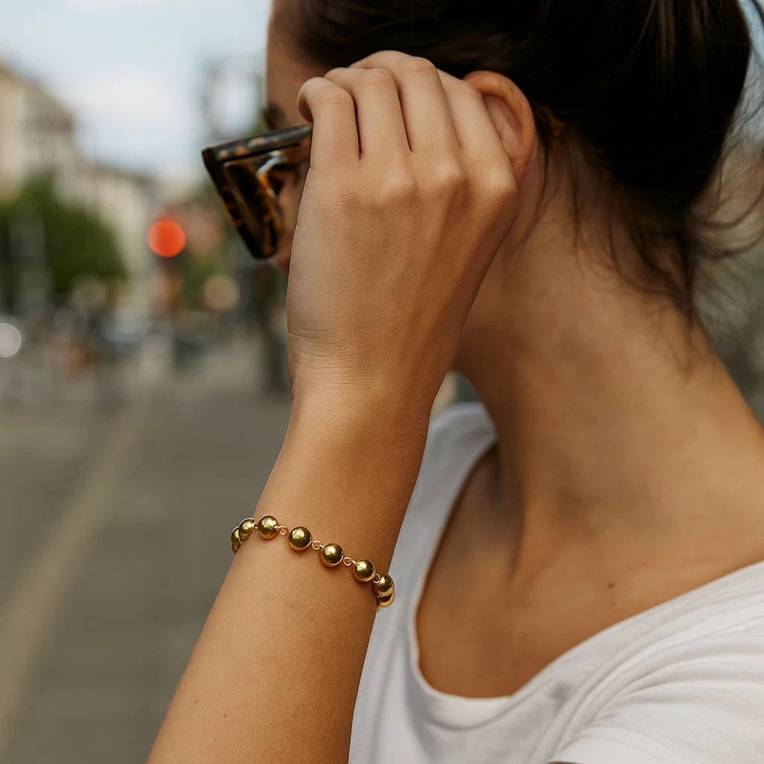 14K Yellow Gold Polished Pebble Bead Bracelet (6.00 mm) for Women | Yene Store 