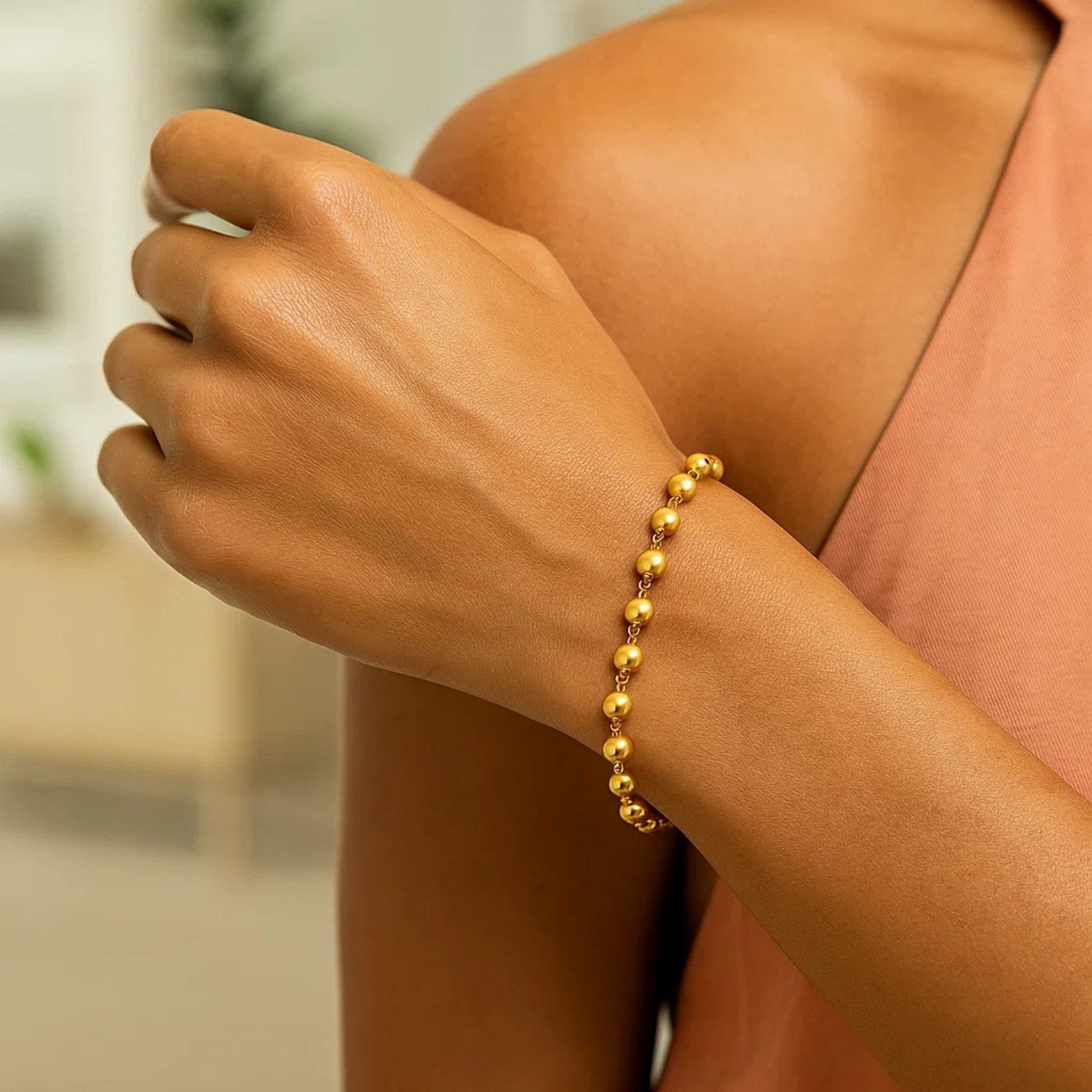 14K Yellow Gold Polished Pebble Bead Bracelet (6.00 mm) for Women | Yene Store 