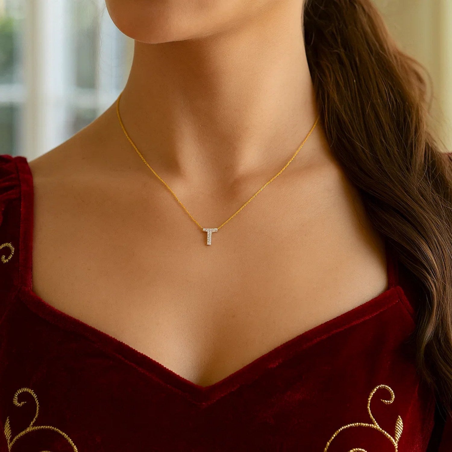 14K Yellow Gold Mini Diamond T Initial Pendant Necklace for Women | Yene Store