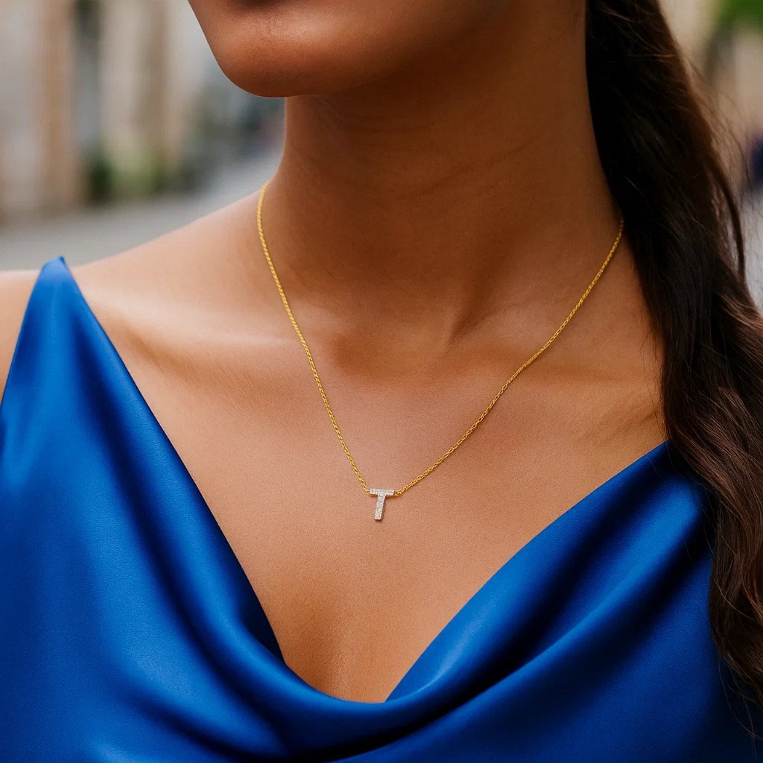14K Yellow Gold Mini Diamond T Initial Pendant Necklace for Women | Yene Store