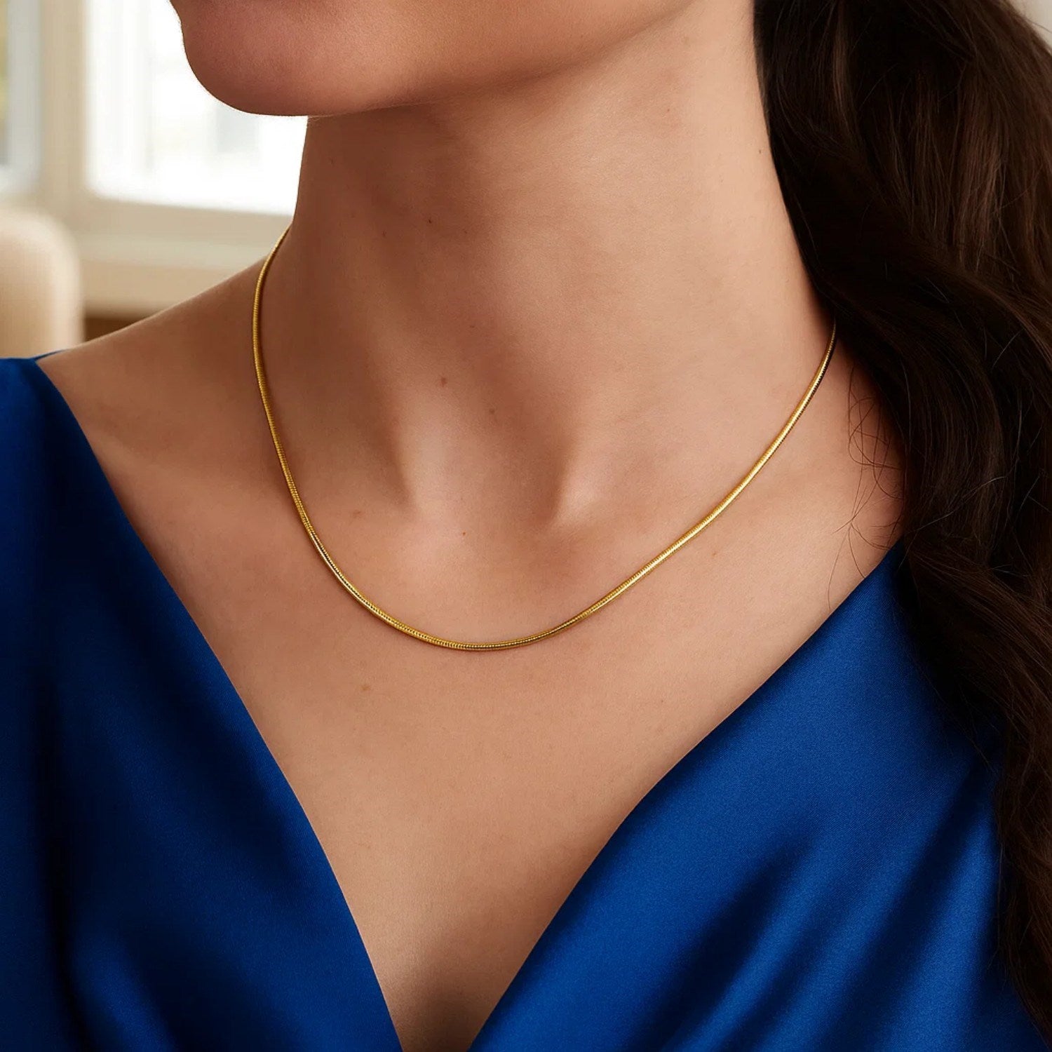 14k Yellow Gold Necklace in a Round Omega Chain Style for Women | Yene Store