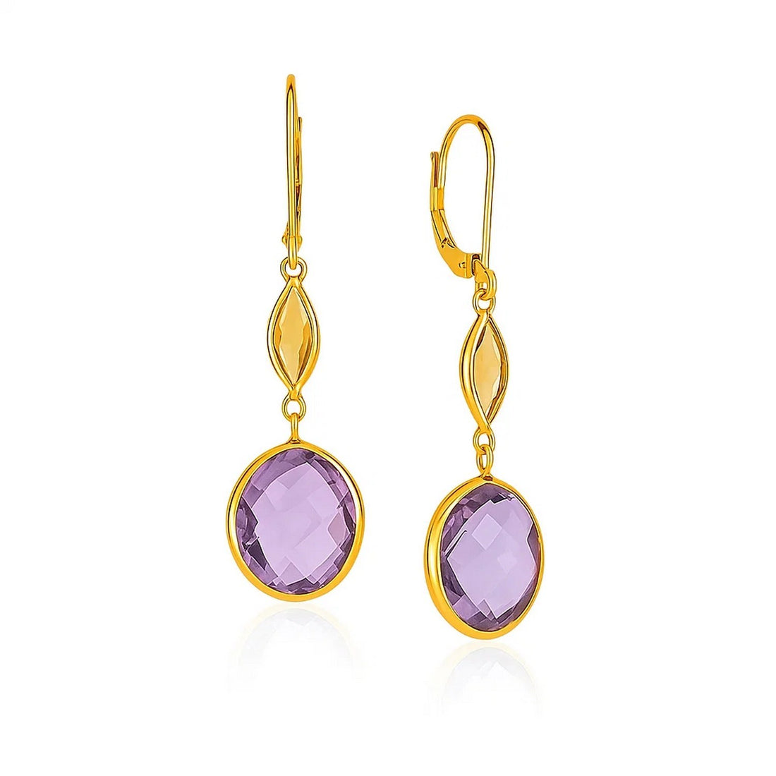 14k Yellow Gold Drop Earrings with Citrine and Amethyst Briolettes for Women | Yene Store 