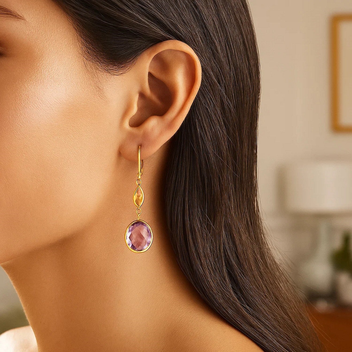 14k Yellow Gold Drop Earrings with Citrine and Amethyst Briolettes for Women | Yene Store