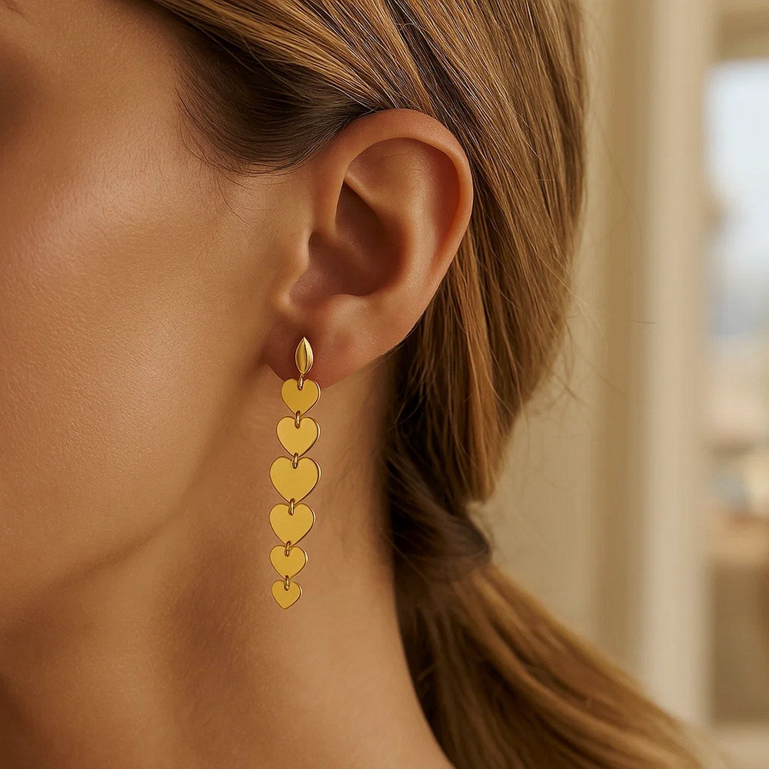 14K Yellow Gold Heart Drop Earrings for Women | Yene Store 