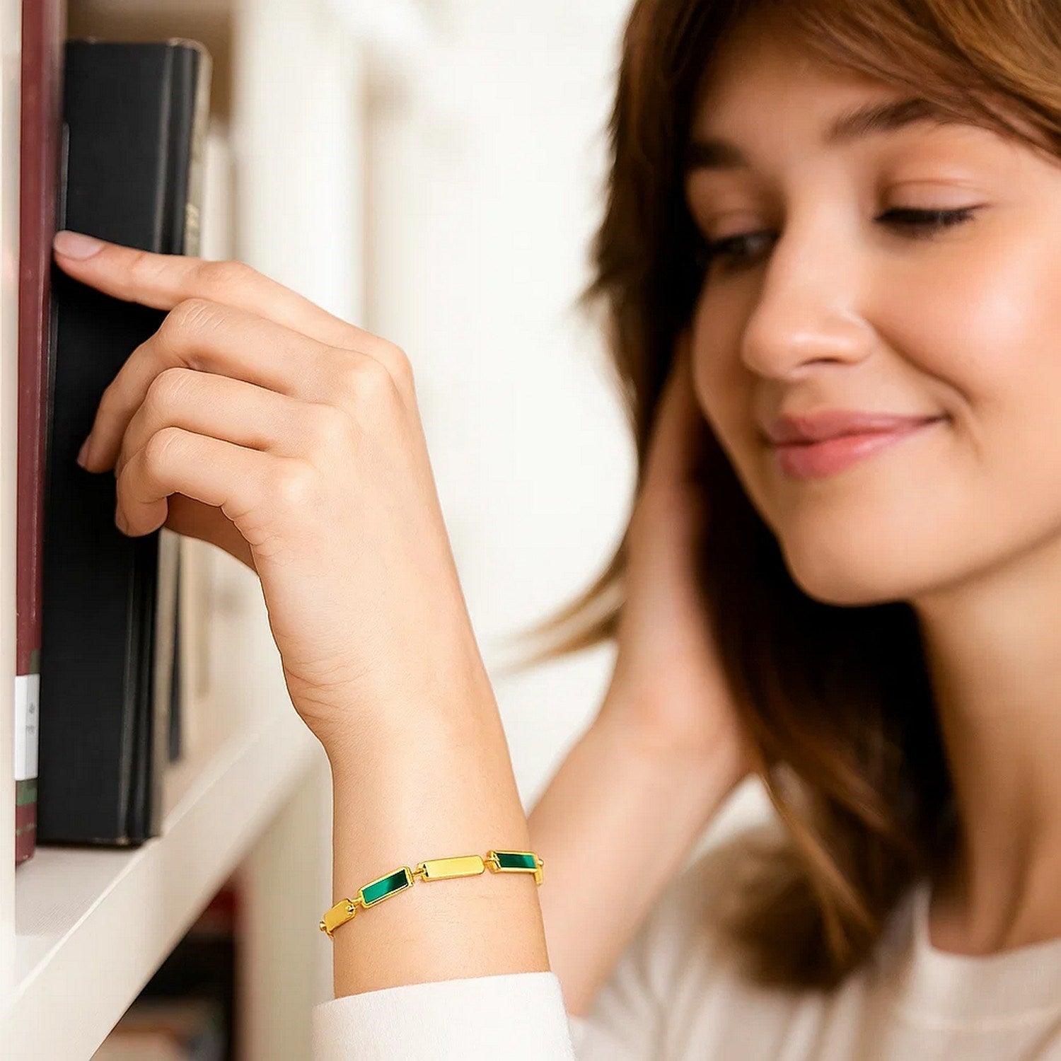 14K Yellow Gold Malachite Rectangle Links Bracelet (3.50 mm) for Women | Yene Store 