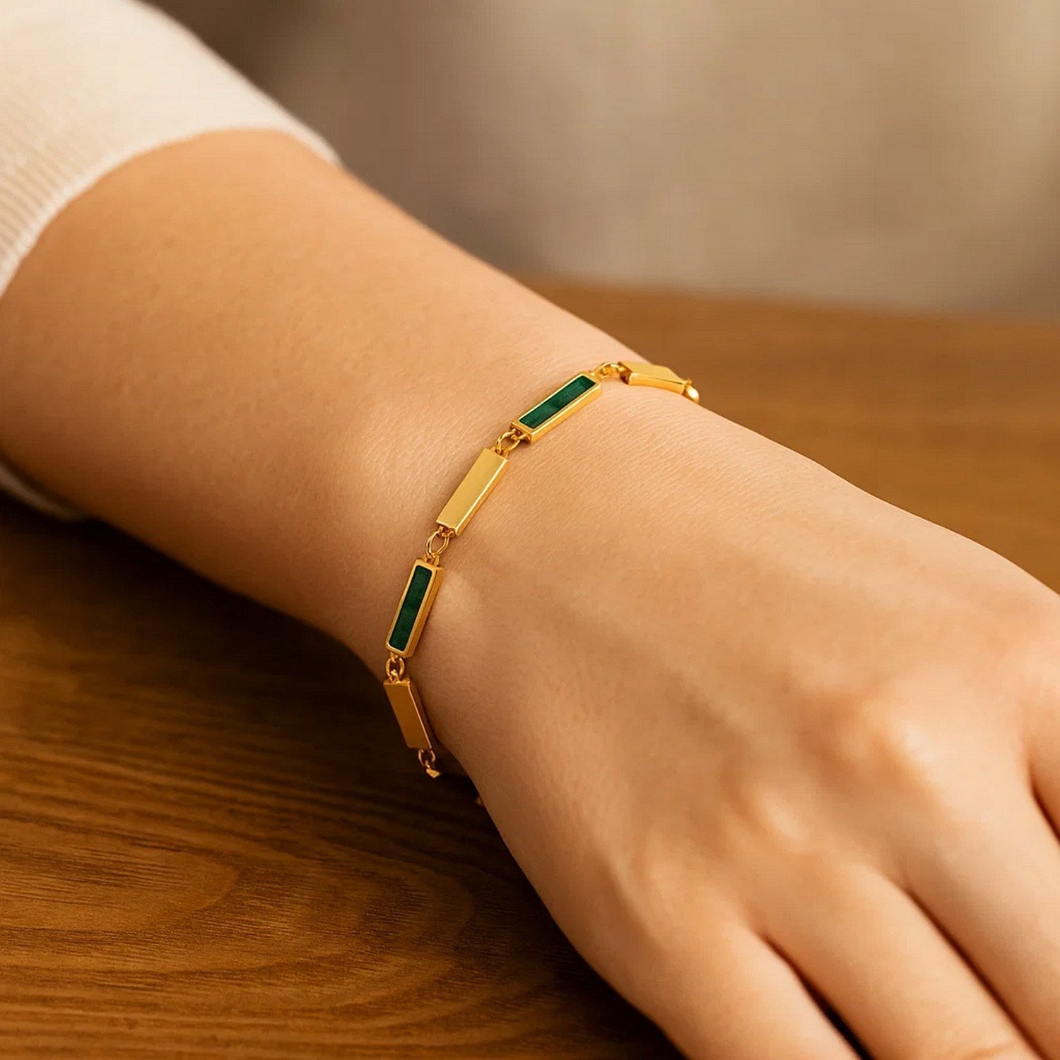 14K Yellow Gold Malachite Rectangle Links Bracelet (3.50 mm) for Women | Yene Store 