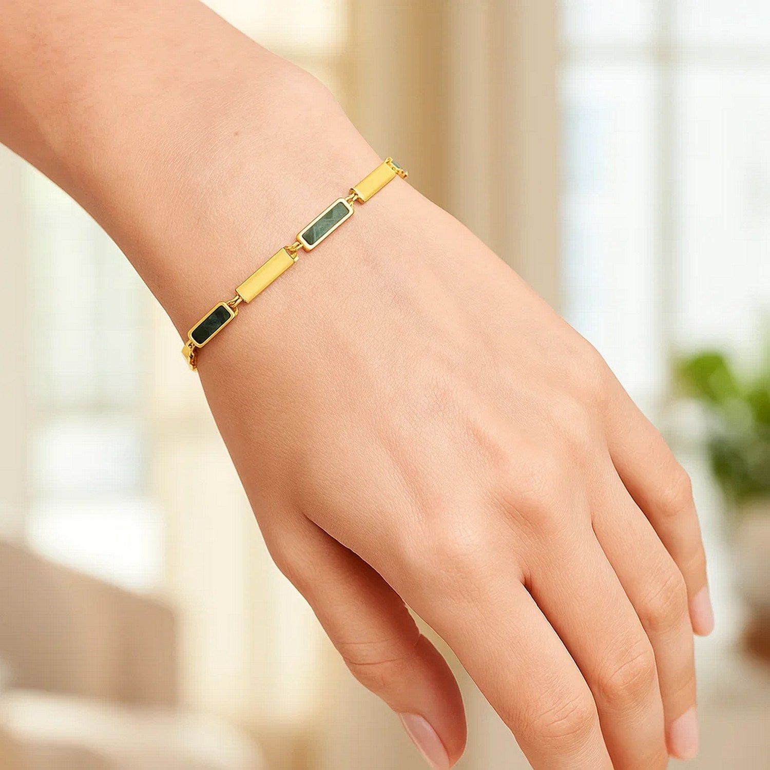 14K Yellow Gold Malachite Rectangle Links Bracelet (3.50 mm) for Women | Yene Store 