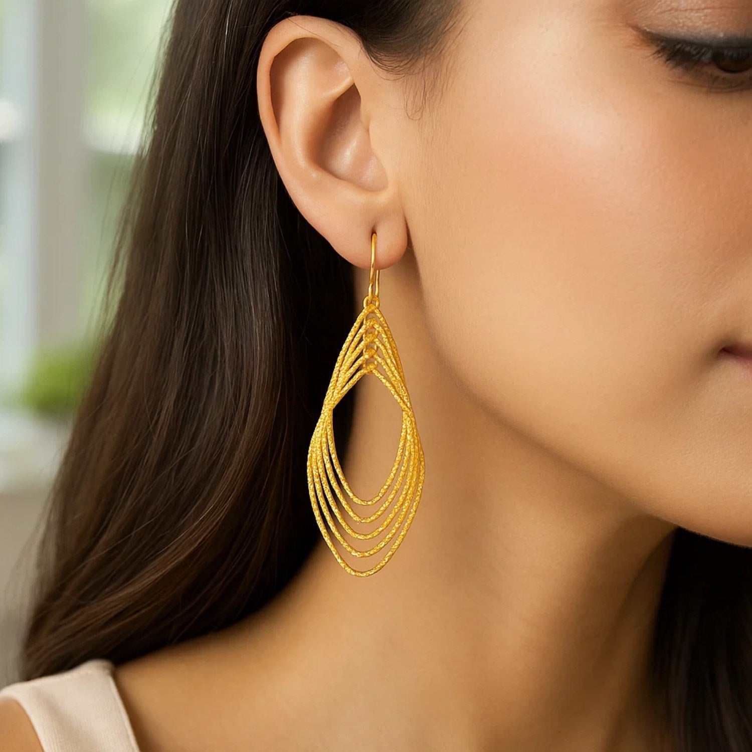 14k Yellow Gold Post Earrings with Textured Marquise Shapes for Women | Yene Store 