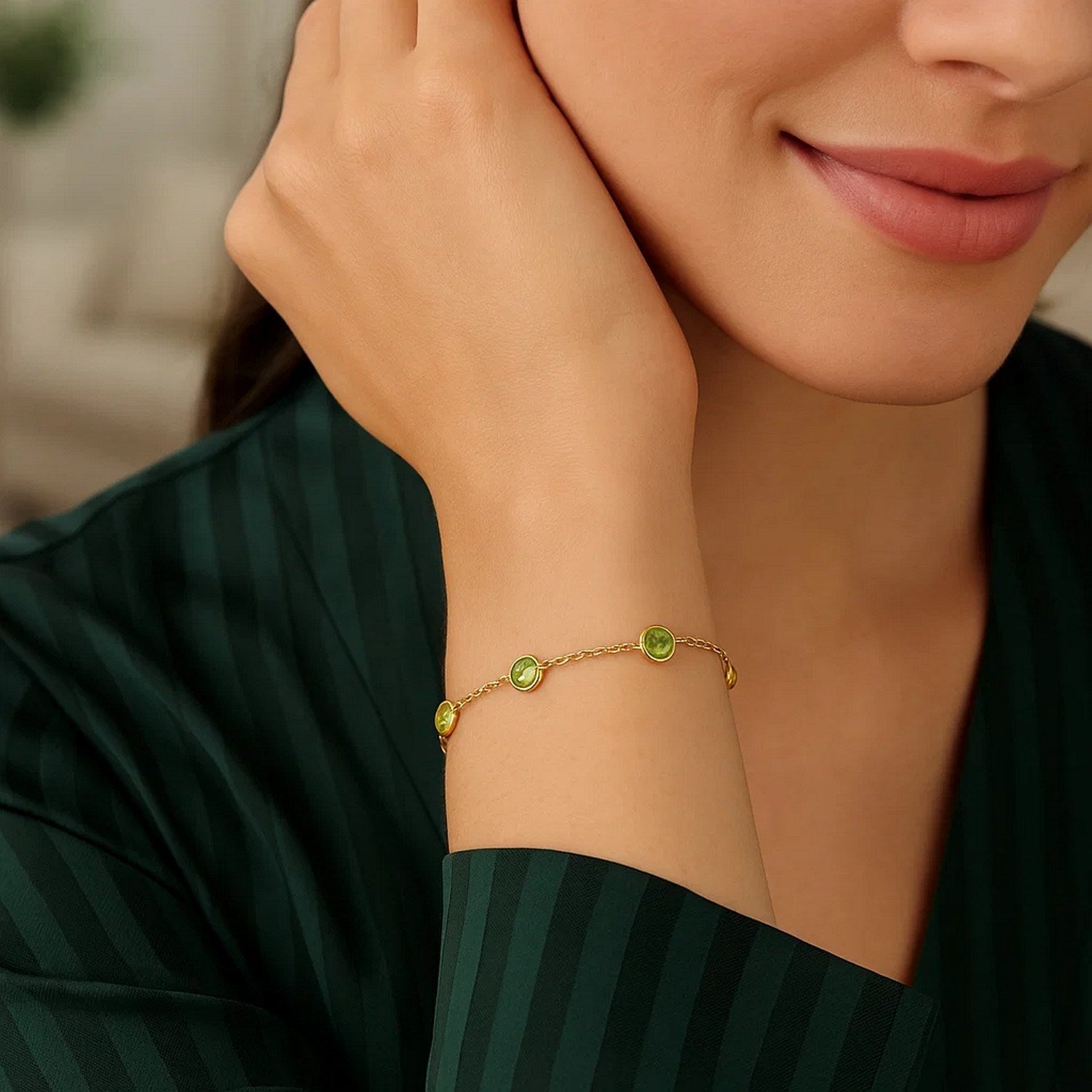 14K Yellow Gold Peridot Station Bracelet for Women | Yene Store 