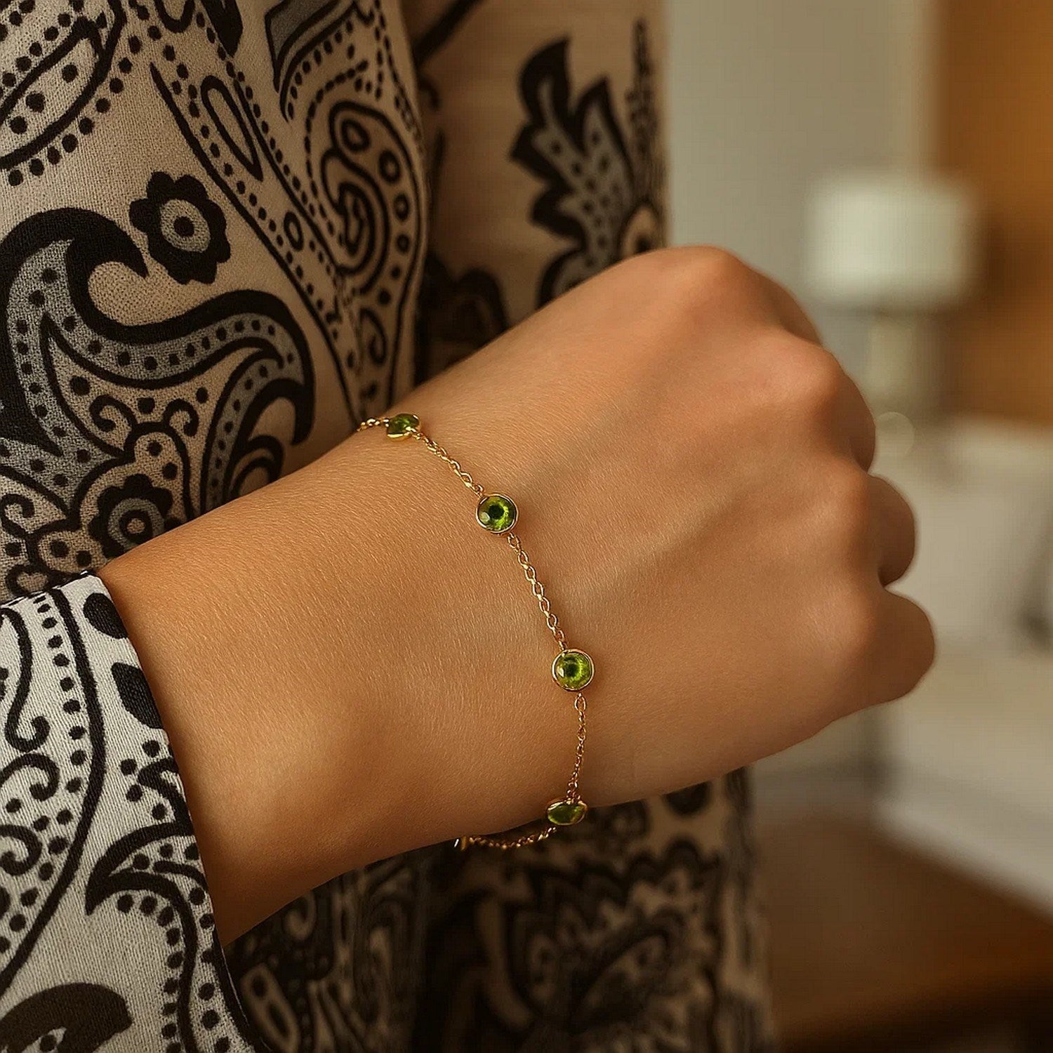 14K Yellow Gold Peridot Station Bracelet for Women | Yene Store 