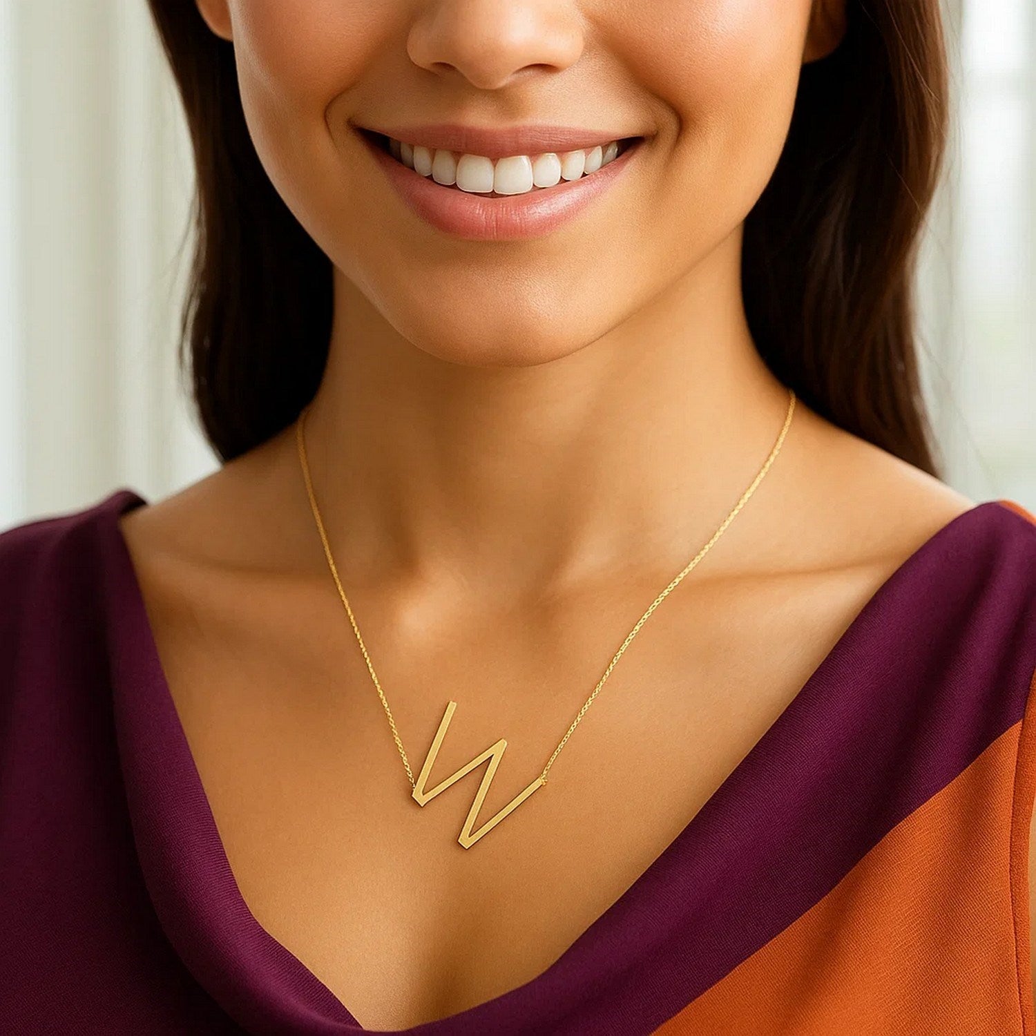 14K Yellow Gold Yours Truly Large Initial W Necklace for Women | Yene Store
