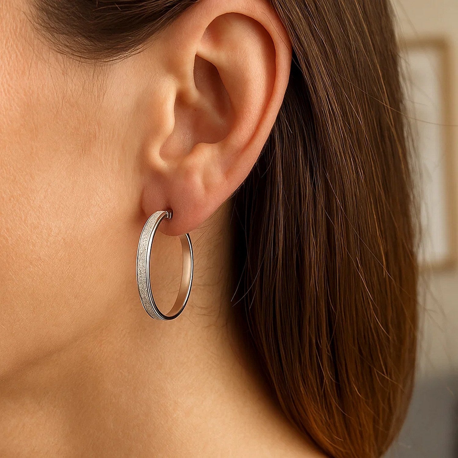 14k White Tone Gold Hoop Style Earrings with Center Glitter Look Design (4x30mm)for Women   | Yene Store  