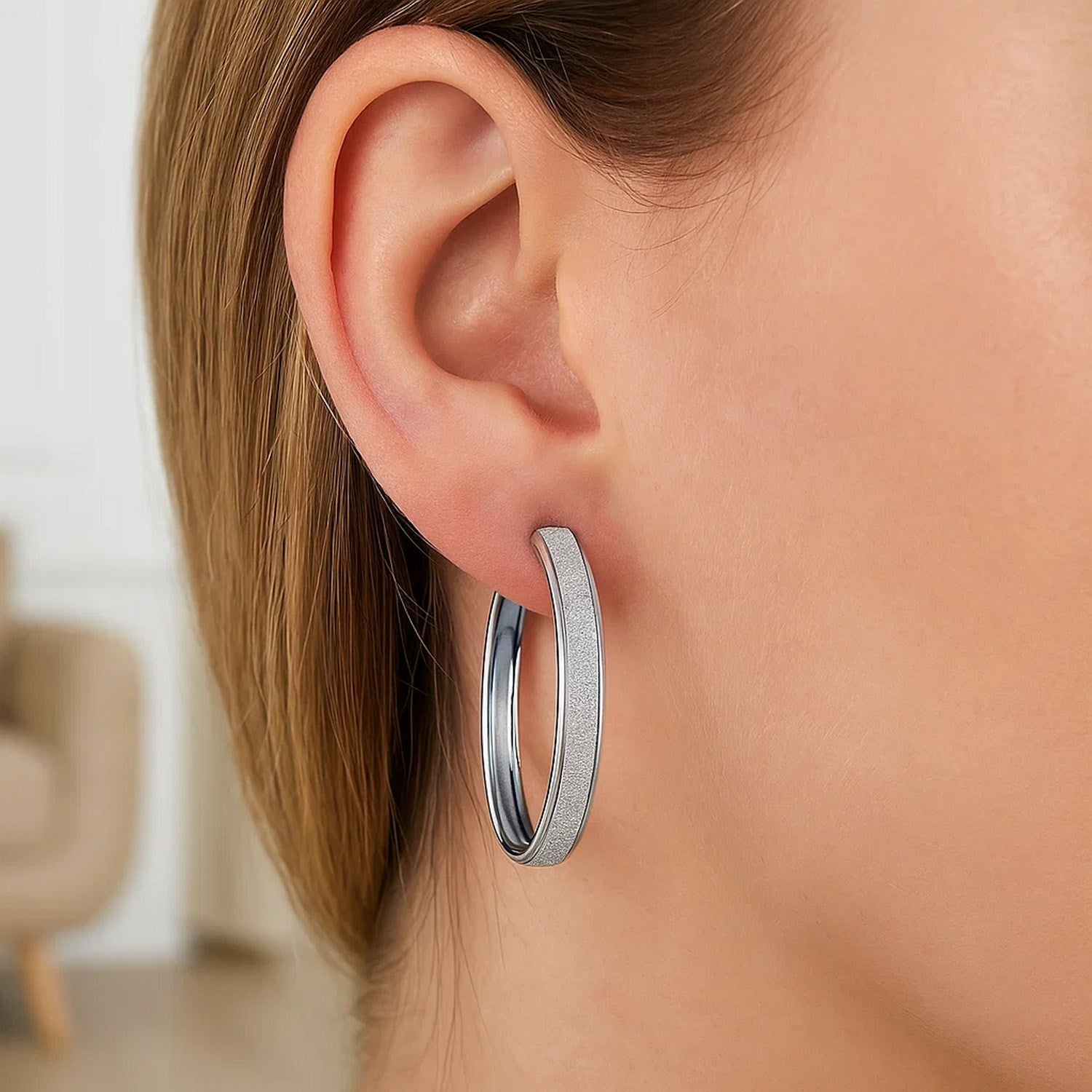 14k White Tone Gold Hoop Style Earrings with Center Glitter Look Design (4x30mm)for Women   | Yene Store  