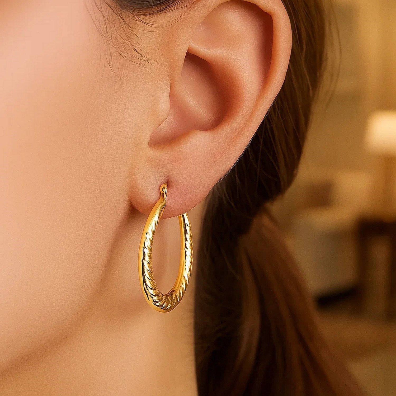 14k Yellow Gold Hoop Earrings with Textured Details for Women | Yene Store 
