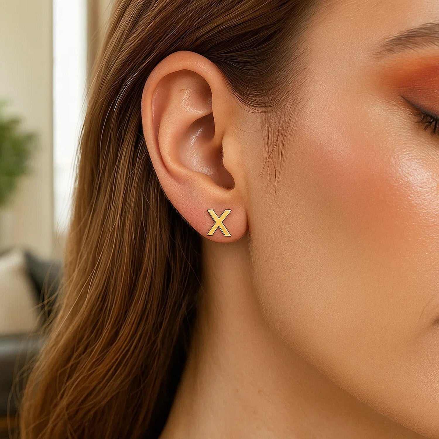 14K Yellow Gold Yours Truly Initial X Stud Earrings for Women | Yene Store