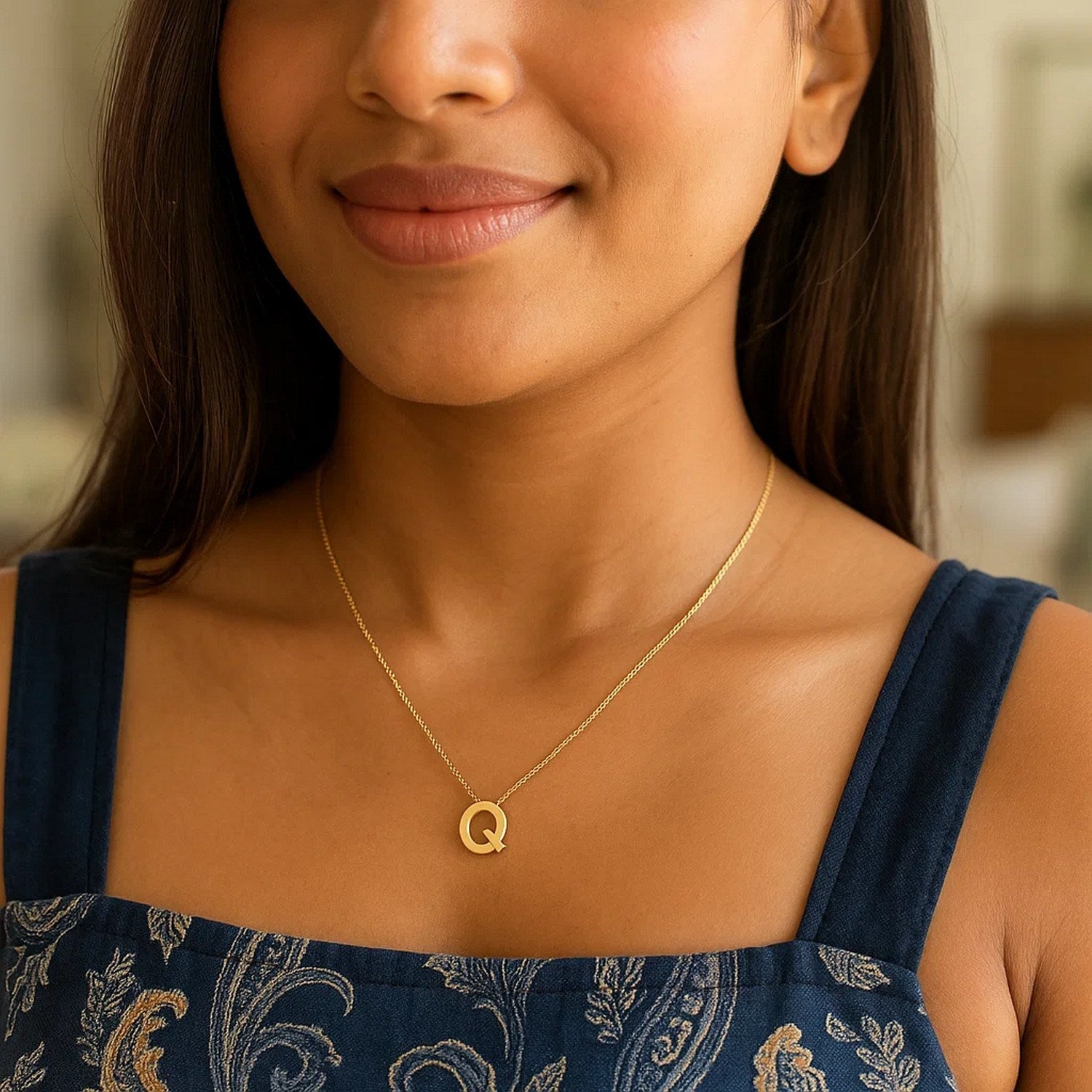 14K Yellow Gold Yours Truly Block Letter Initial Q Necklace for women | yene Store 