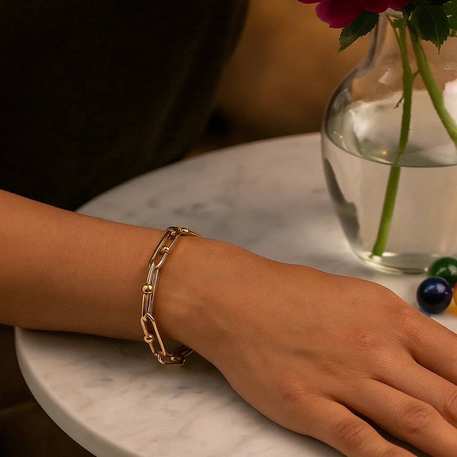 14k Yellow Gold 7 3/4 inch Beaded Oval Chain Bracelet (7.20 mm) for Women | Yene Store 