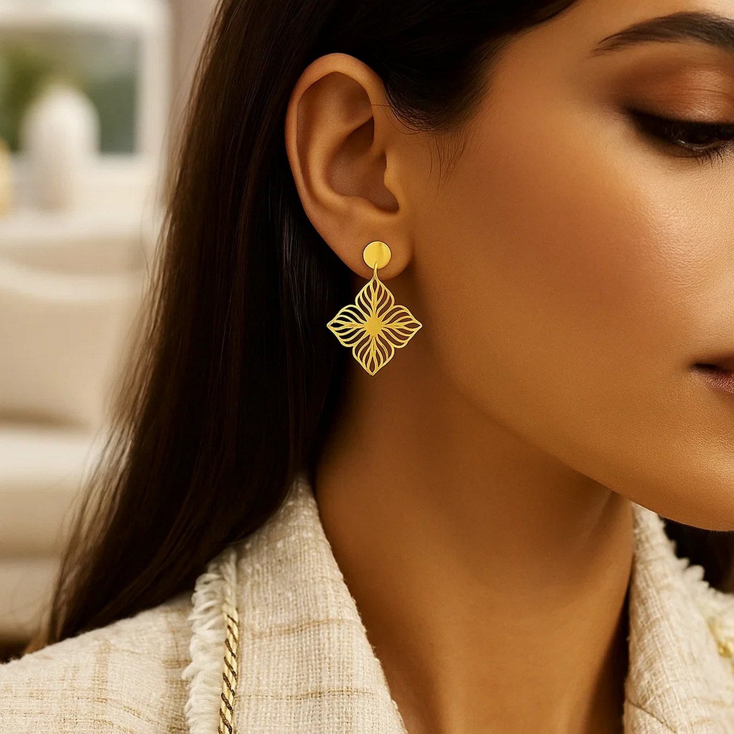 14K Yellow Gold High Polish Flower Cutout Earrings for Women | Yene Store 
