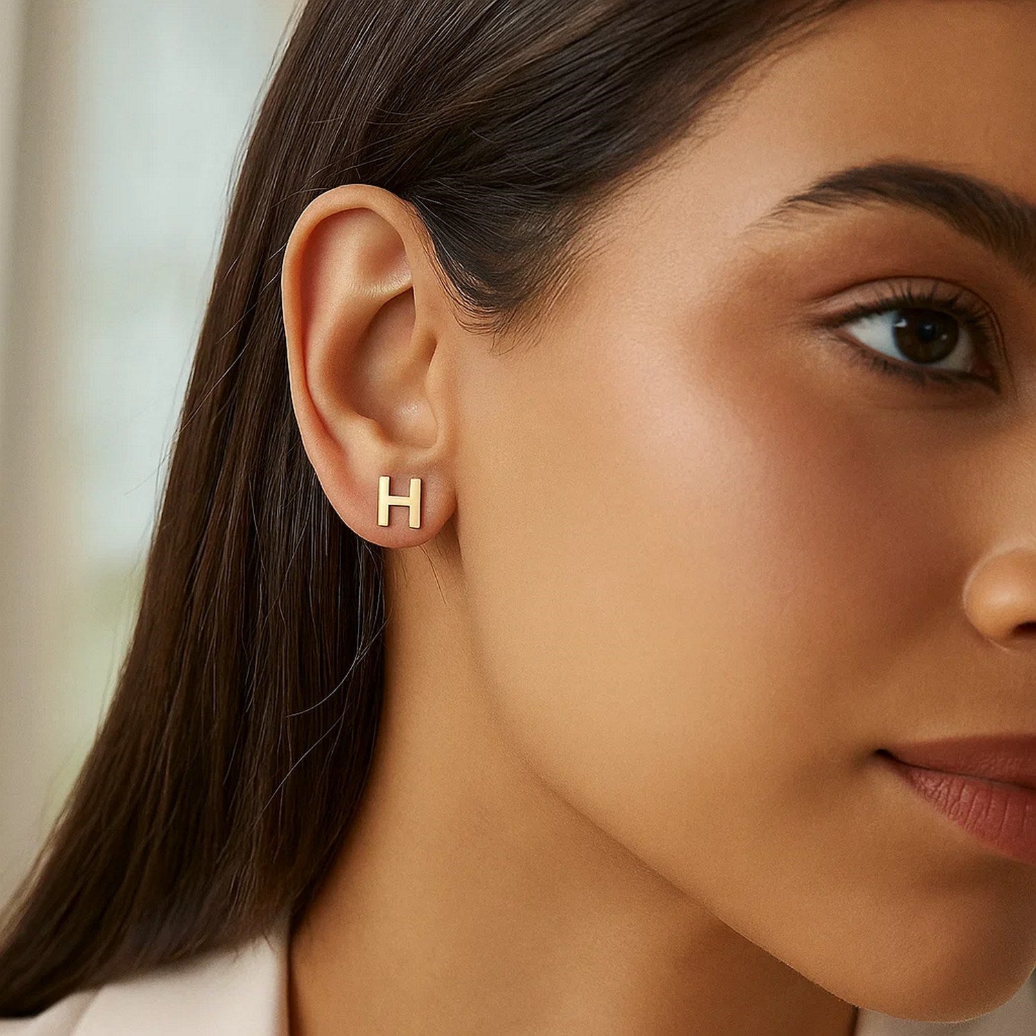 14K Yellow Gold Yours Truly Initial H Stud Earrings for Women | Yene Store
