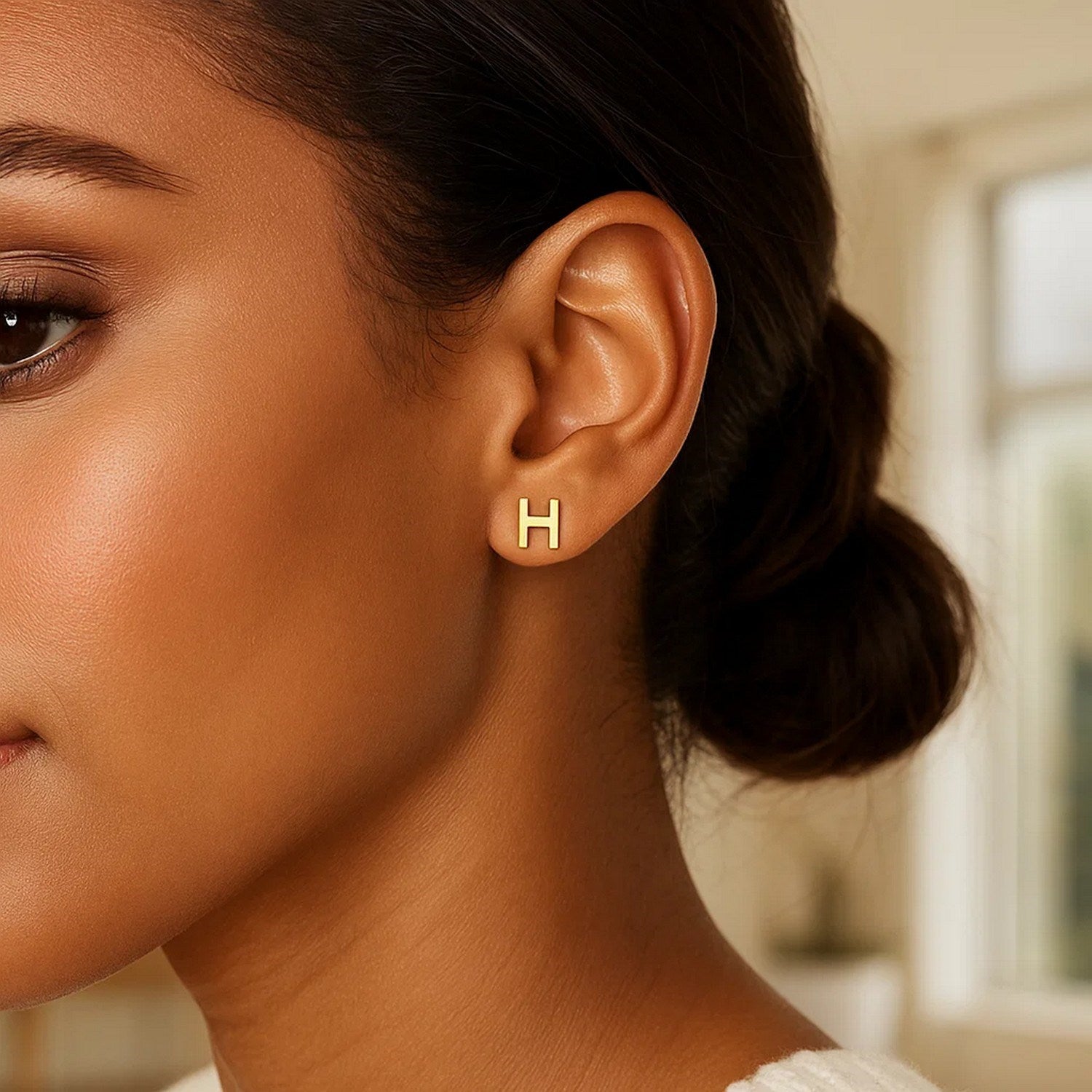 14K Yellow Gold Yours Truly Initial H Stud Earrings for Women | Yene Store
