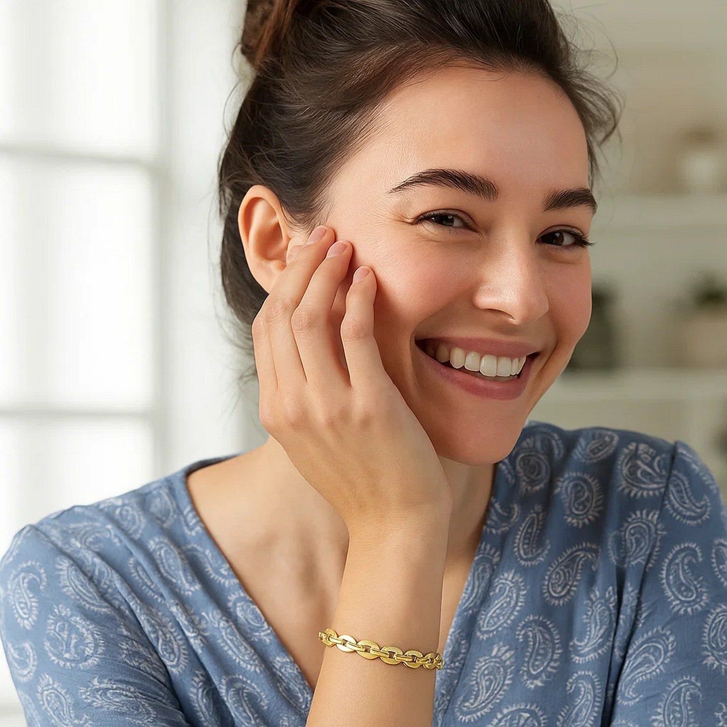 14K Yellow Gold Mirror Rolo Link Chain Bracelet (7.30 mm) for Women | Yene Store 