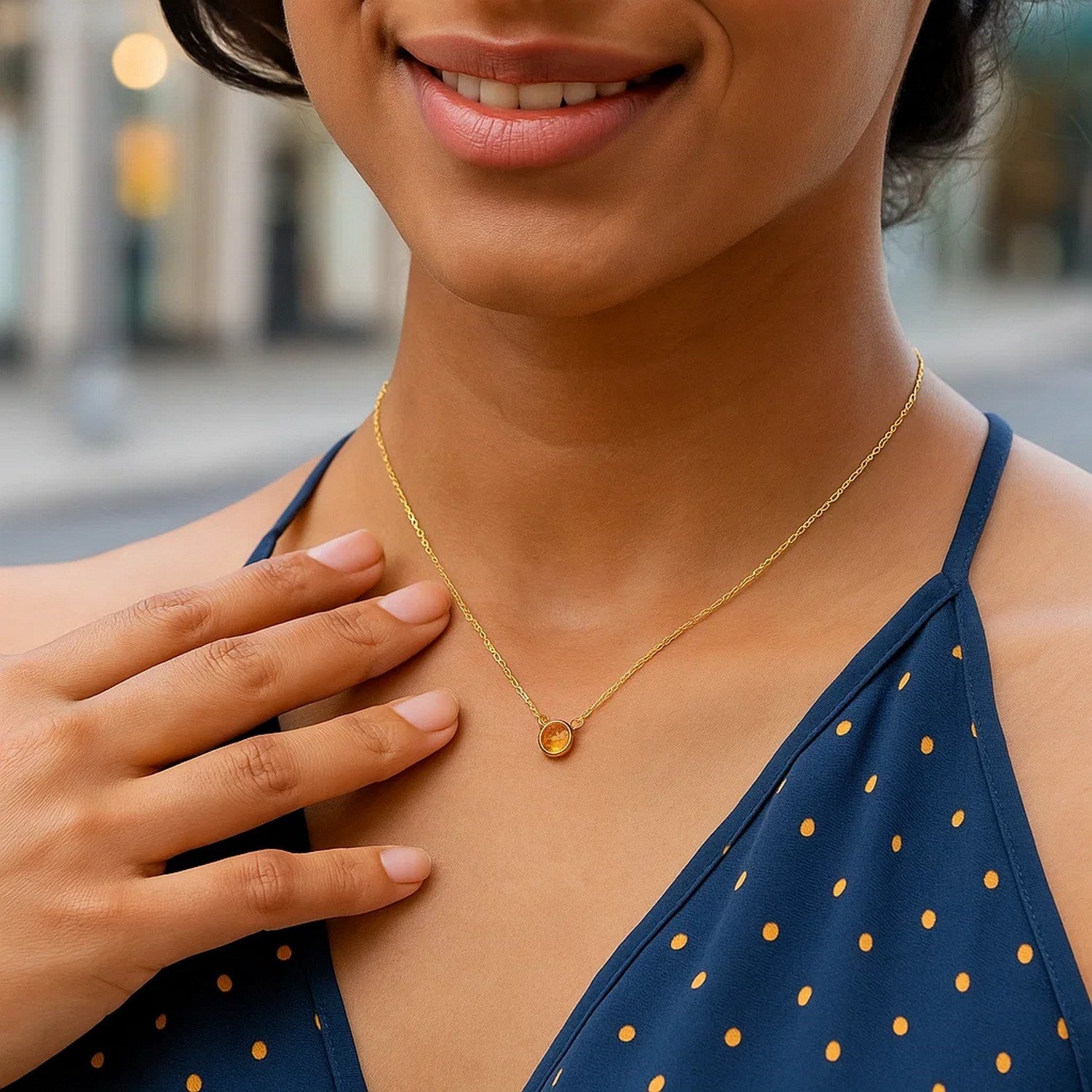 14k Yellow Gold 17 inch Necklace with Round Citrine for Women | Yene Store 
