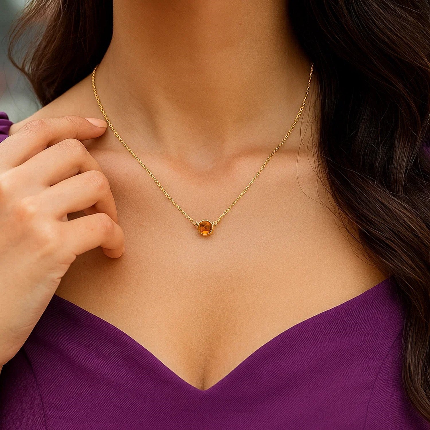 14k Yellow Gold 17 inch Necklace with Round Citrine for Women | Yene Store 
