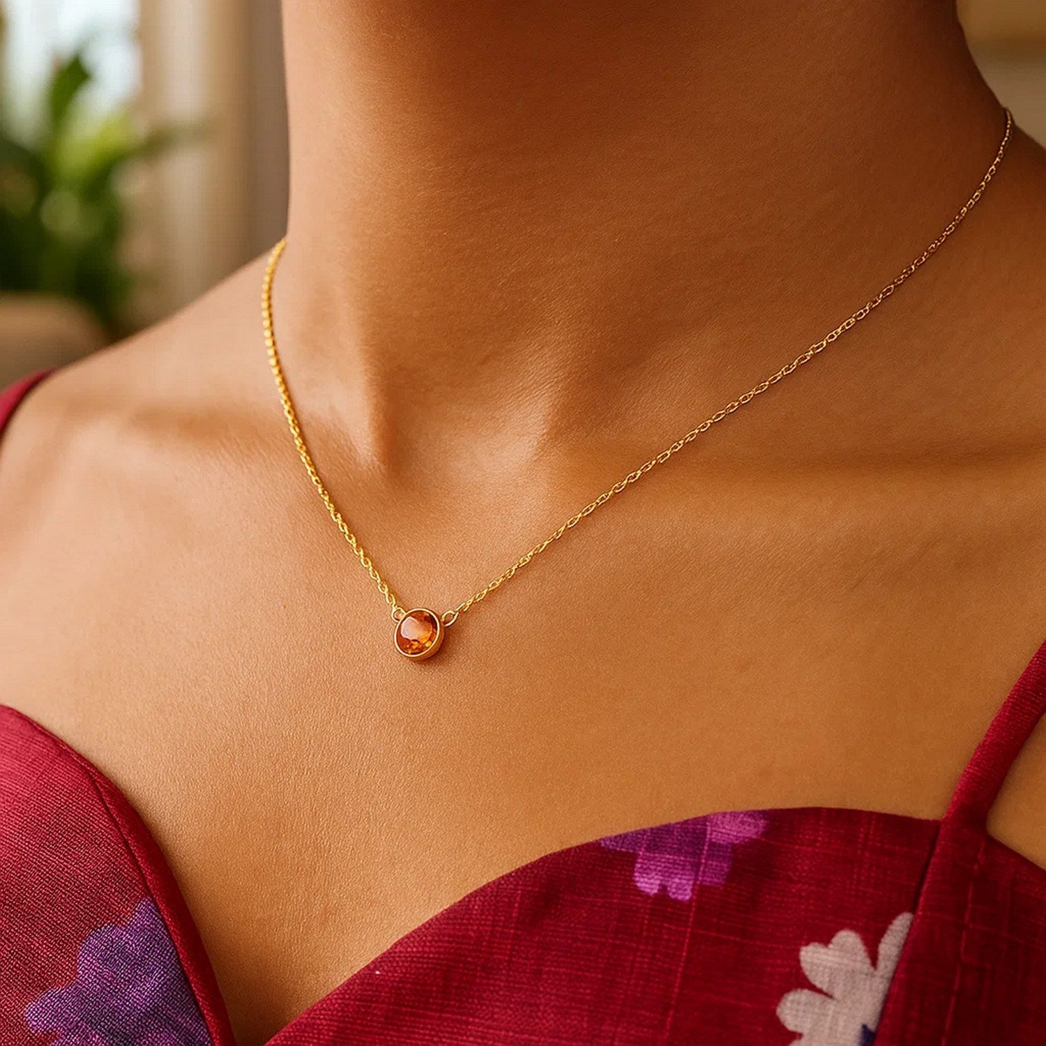 14k Yellow Gold 17 inch Necklace with Round Citrine for Women | Yene Store 
