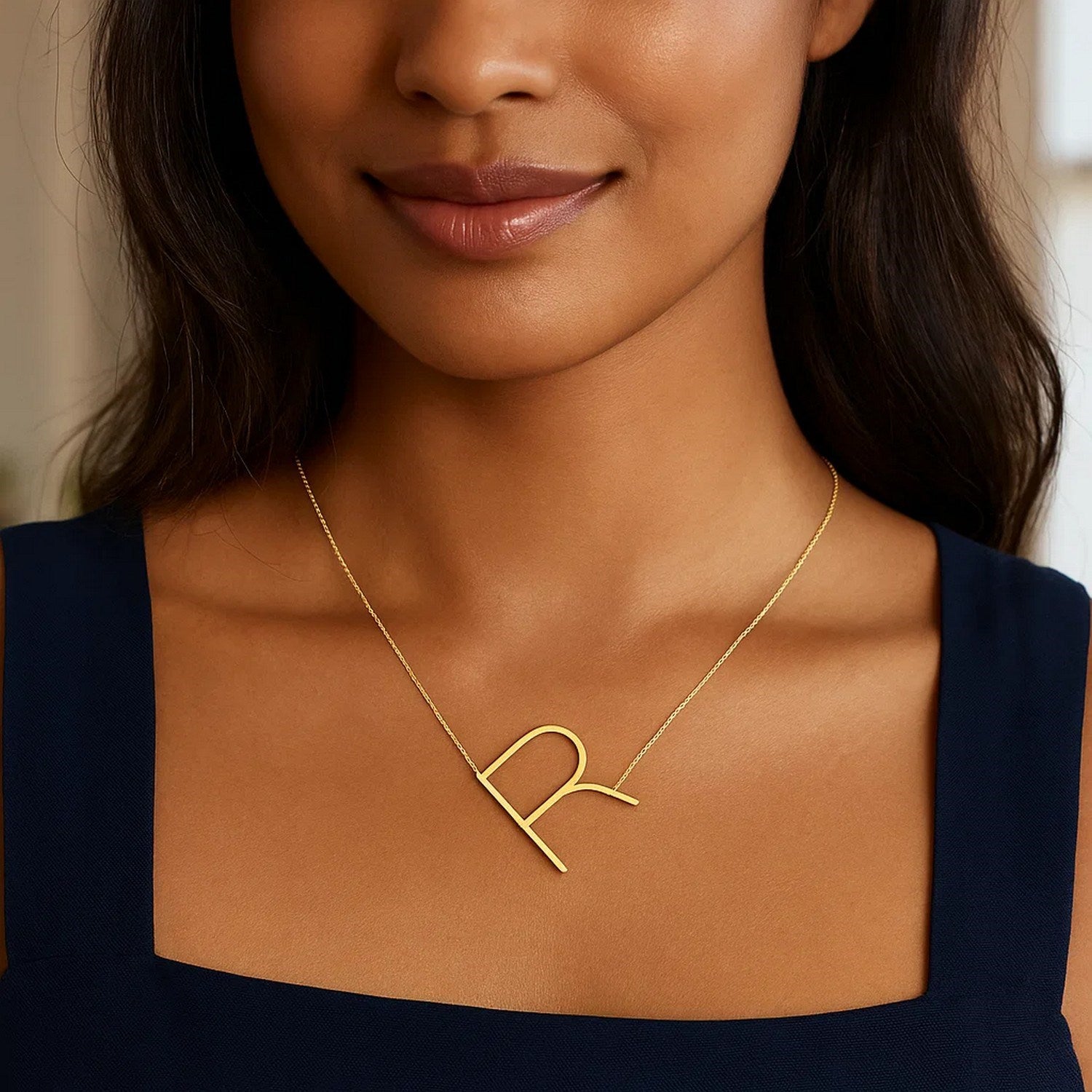 14K Yellow Gold Yours Truly Large Initial R Necklace for Women | Yene Sore 