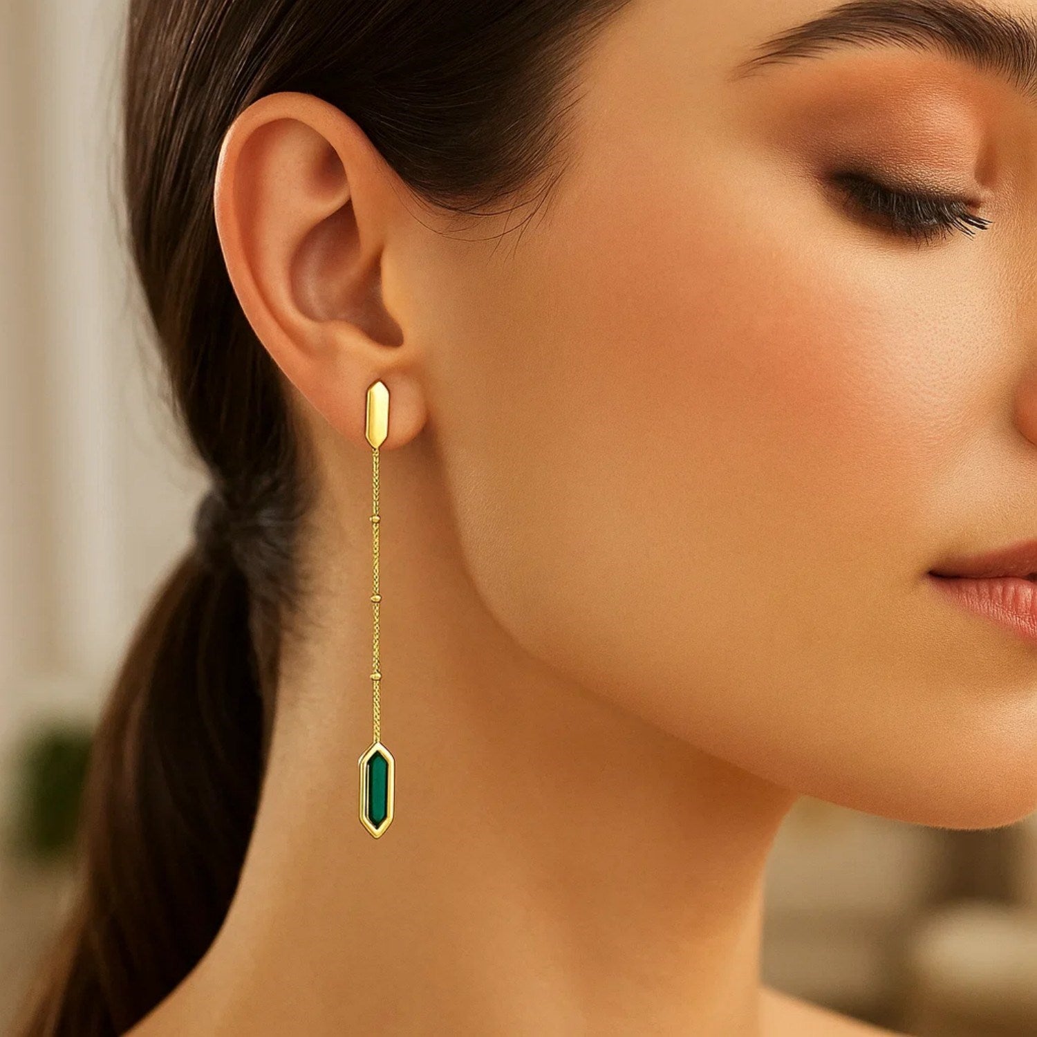 14K Yellow Gold Hexagon Malachite Drop Earrings for Women | Yene Store 