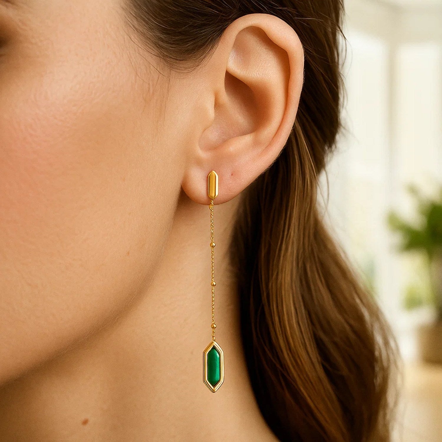 14K Yellow Gold Hexagon Malachite Drop Earrings for Women | Yene Store 