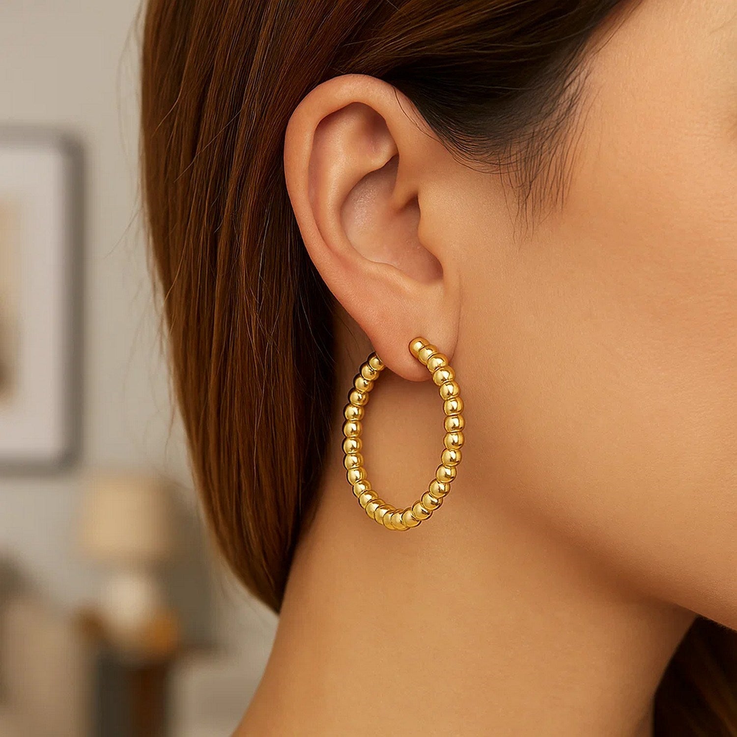 14K Yellow Gold Polished Large Bead Hoop Earrings for Women | Yene store