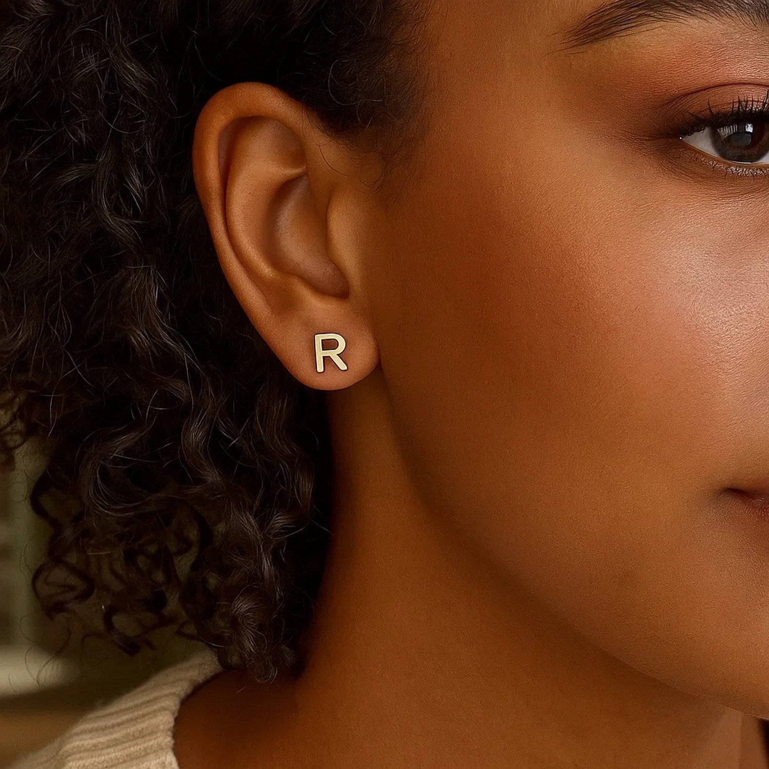 14K Yellow Gold Yours Truly Initial R Stud Earrings for women | Yene Store 