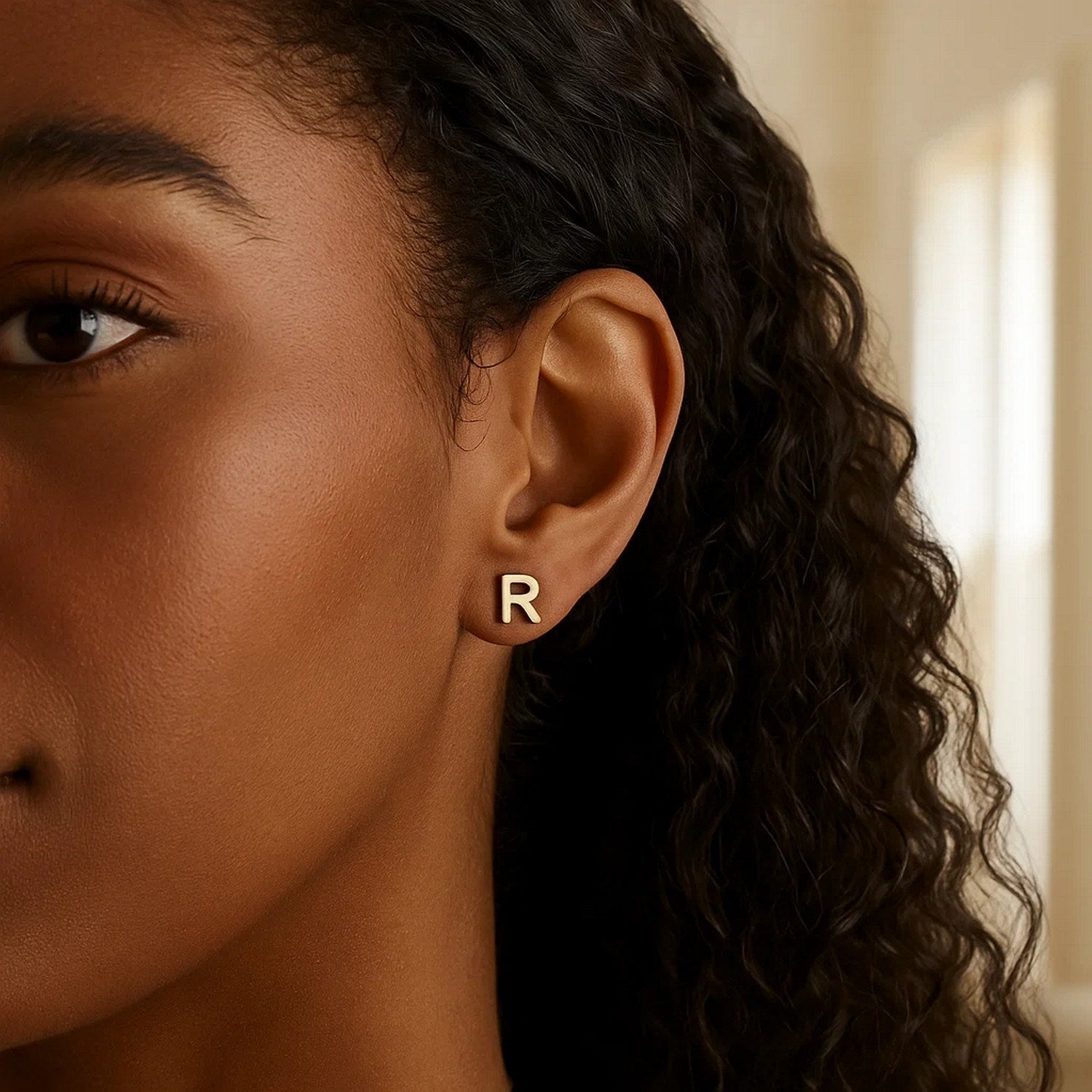 14K Yellow Gold Yours Truly Initial R Stud Earrings for women | Yene Store 