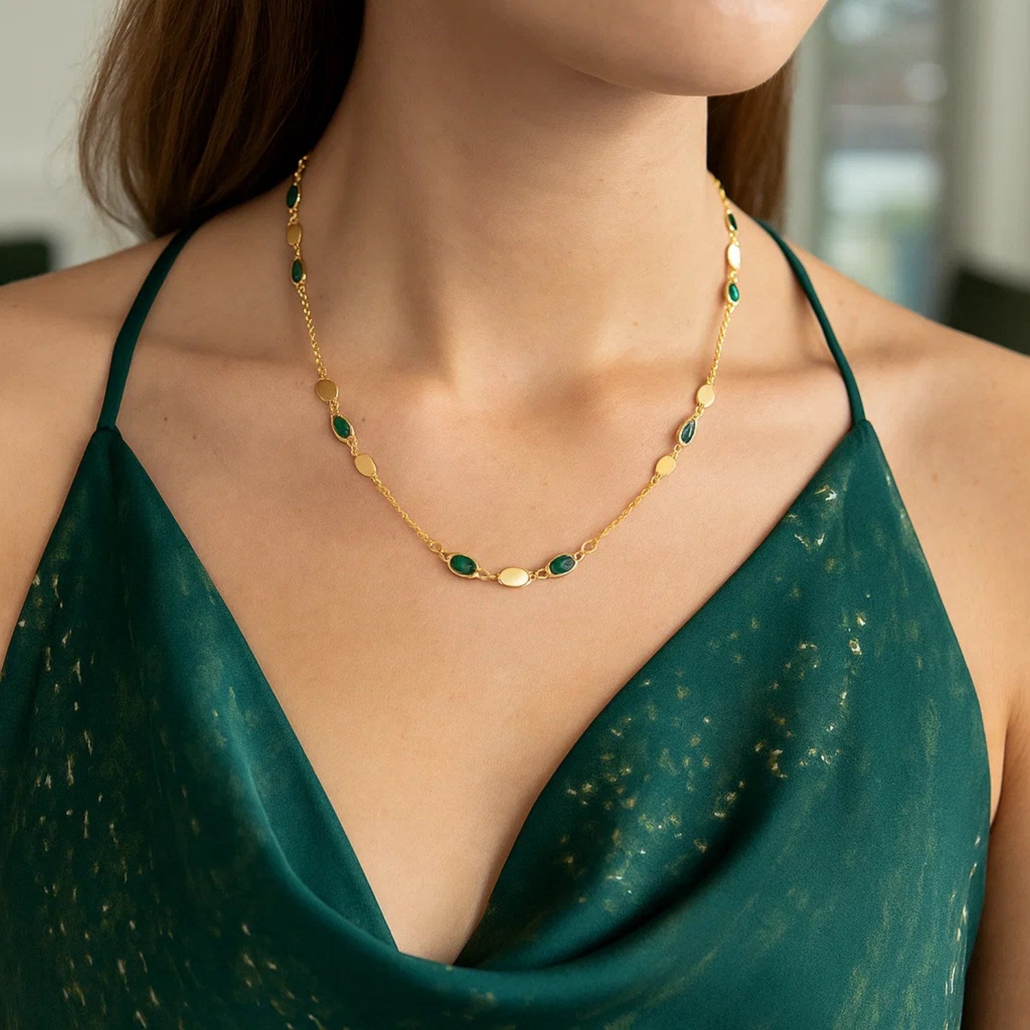 14K Yellow Gold Hexagon Malachite Inlay Links Necklace for Women | Yene Store