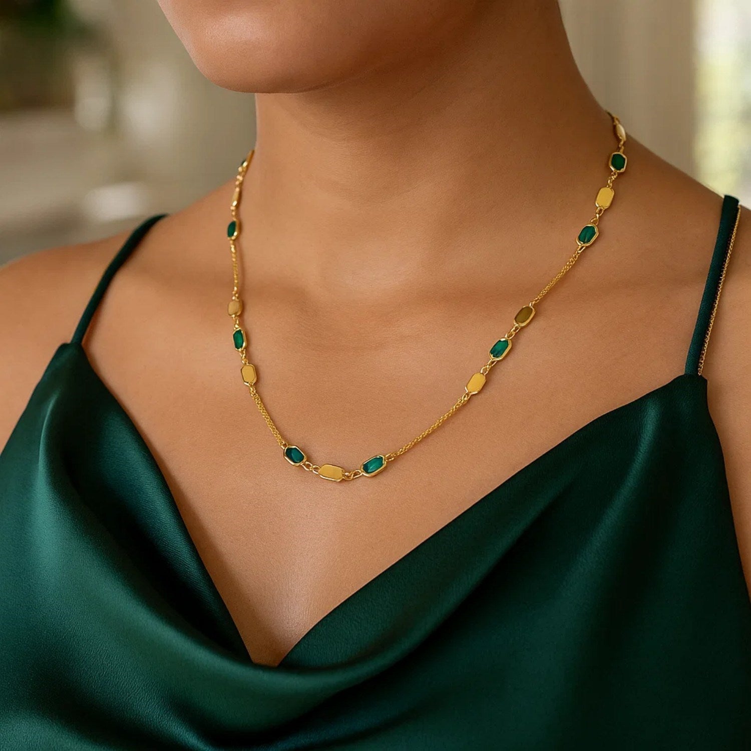 14K Yellow Gold Hexagon Malachite Inlay Links Necklace for Women | Yene Store